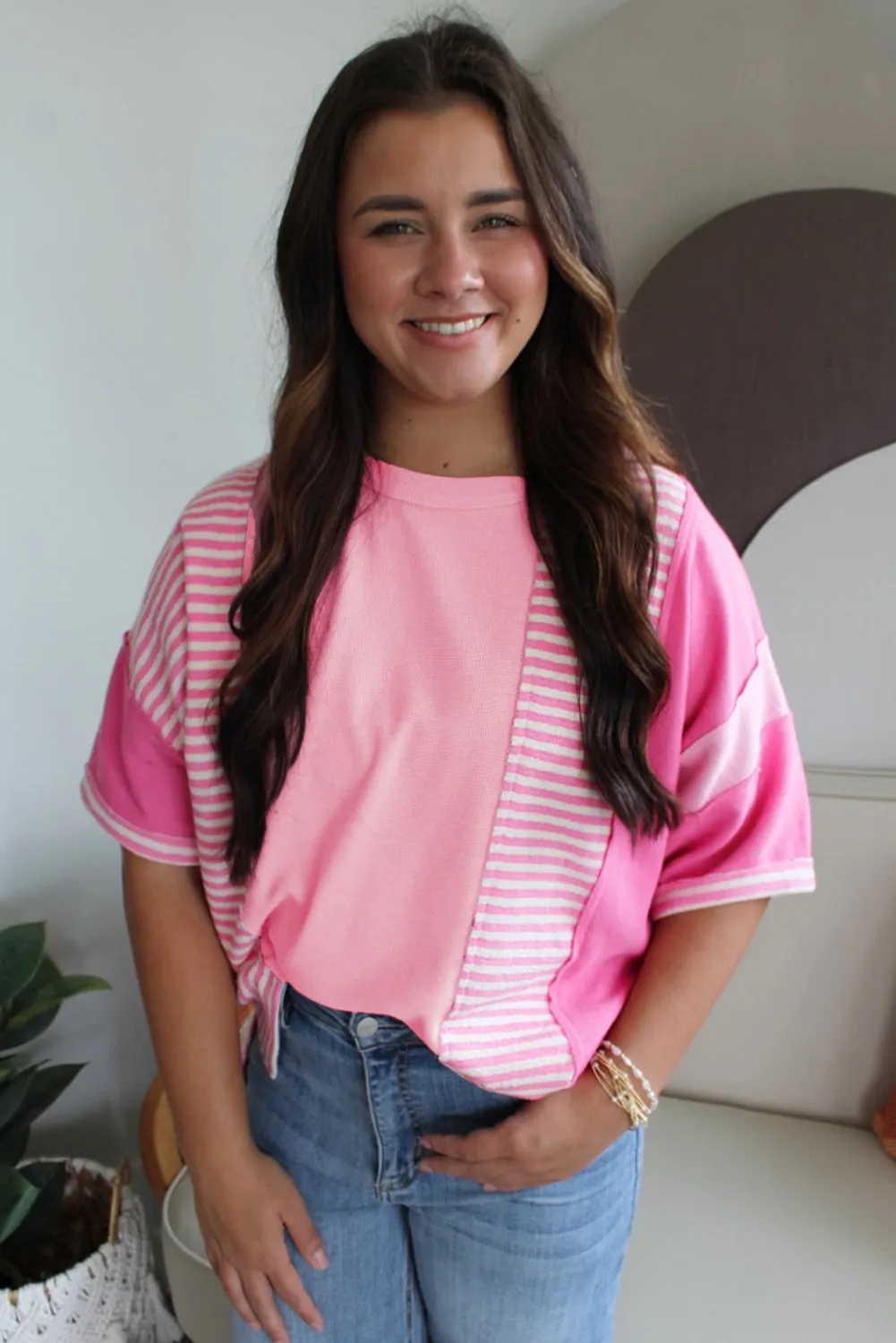 Pink Stripe Color Block Patchwork Loose Half Sleeve T Shirt