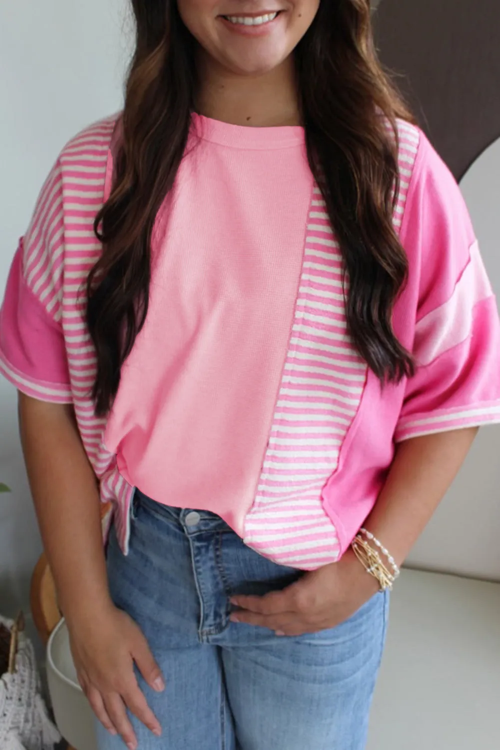 Pink Stripe Color Block Patchwork Loose Half Sleeve T Shirt