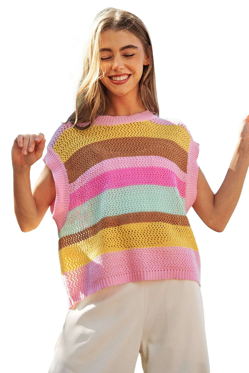 Pink Stripe Hollowed Crochet Cap Sleeve Loose Fit Sweater T Shirt