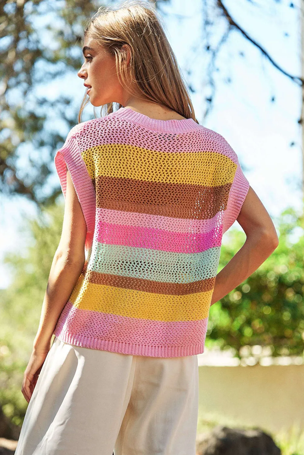 Pink Stripe Hollowed Crochet Cap Sleeve Loose Fit Sweater T Shirt