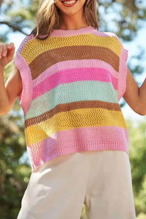 Pink Stripe Hollowed Crochet Cap Sleeve Loose Fit Sweater T Shirt