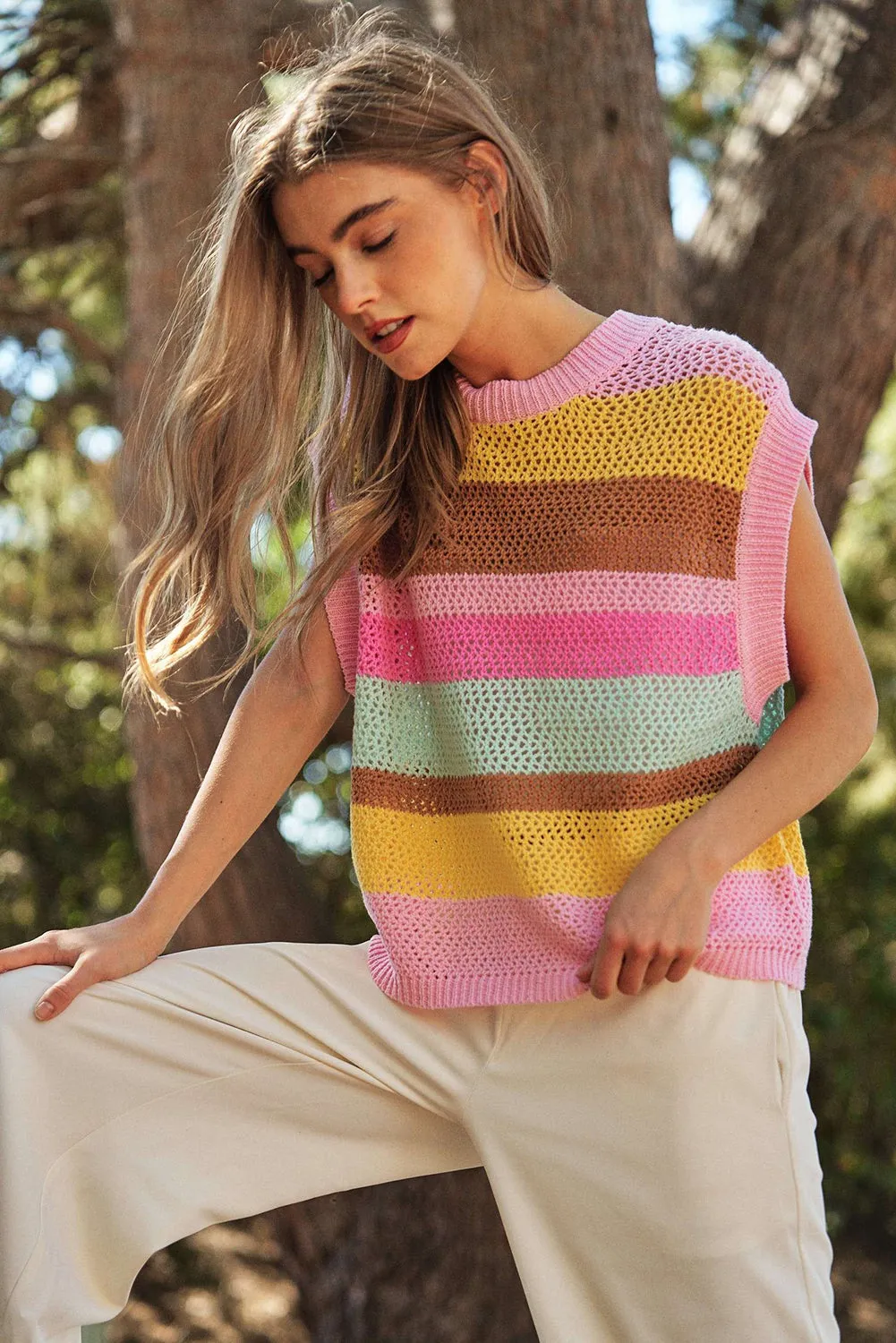 Pink Stripe Hollowed Crochet Cap Sleeve Loose Fit Sweater T Shirt