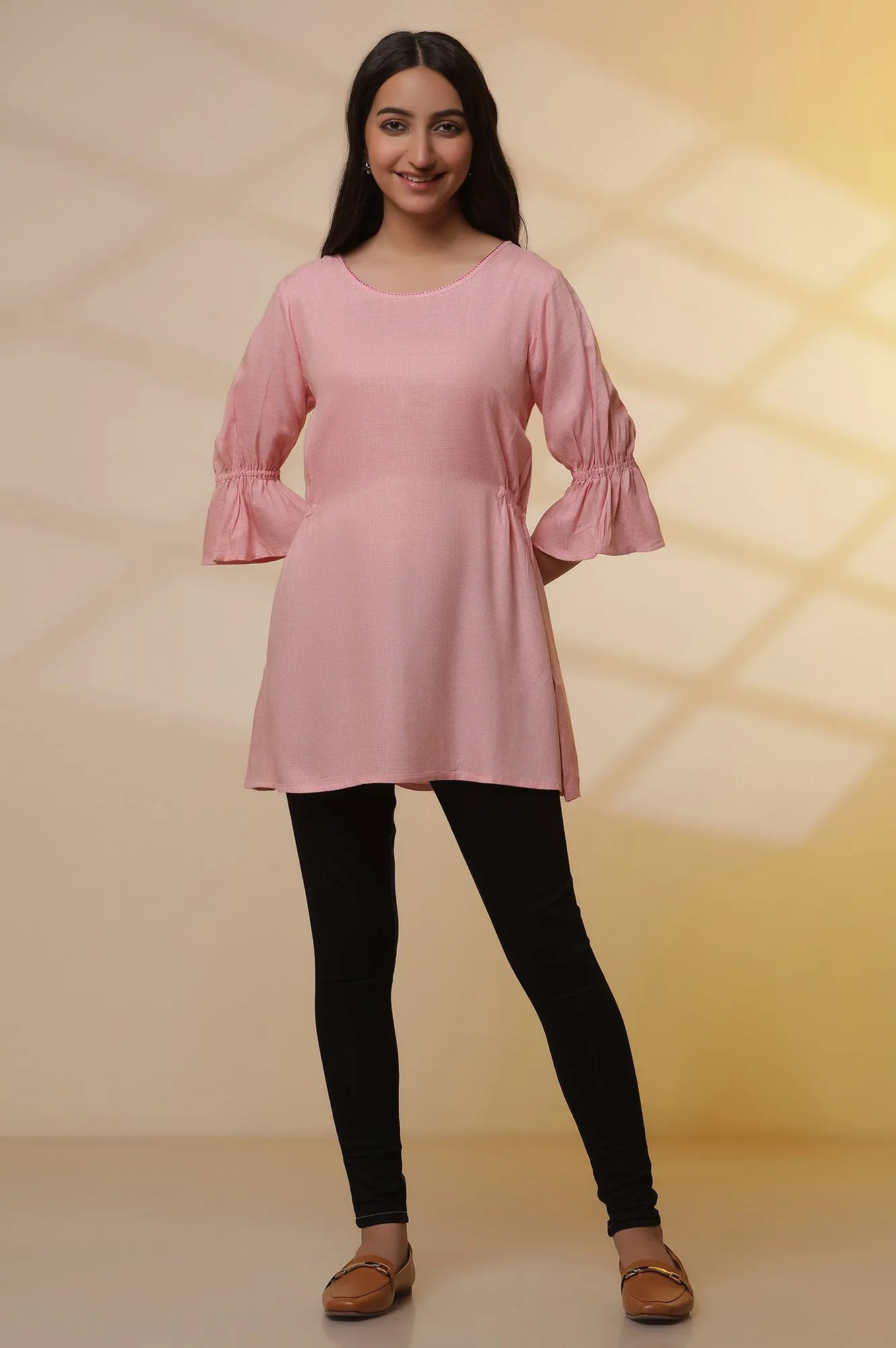 Pink Thread Embroidered Kurti and Jeggings Set