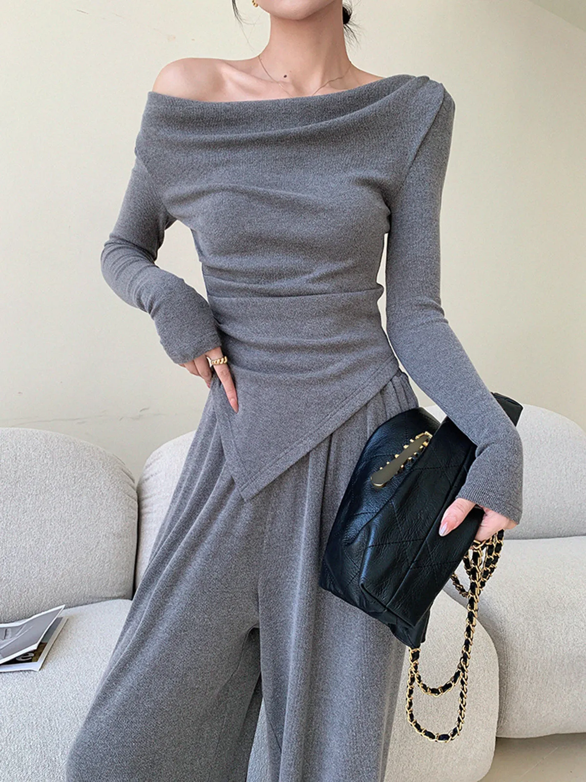 Plain Asymmetrical Draped Pants Set