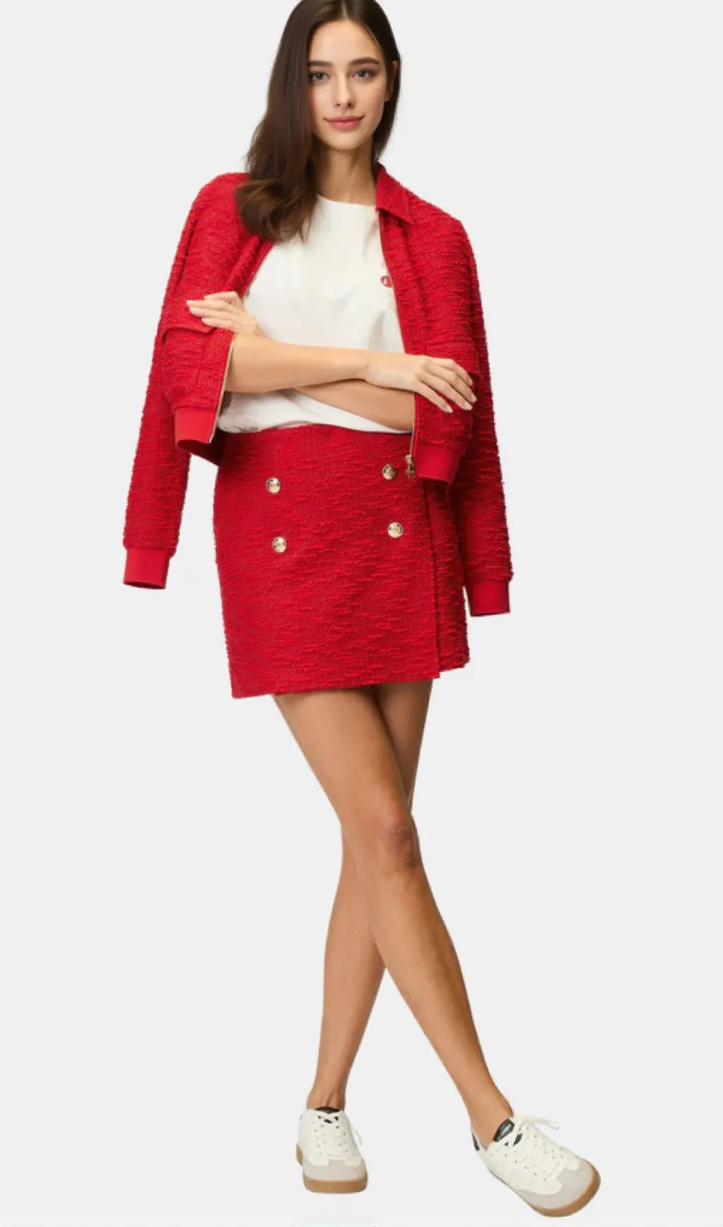 Plain jacket skirt set in red