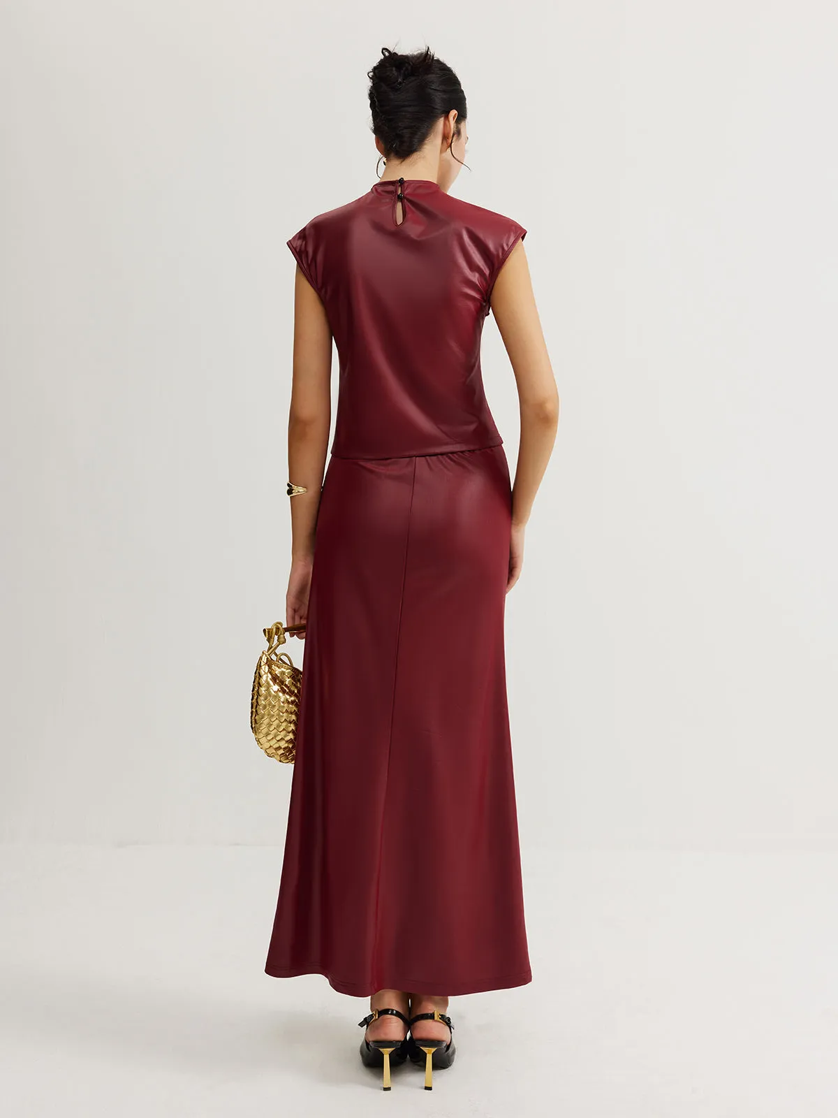 Plain Sleeveless Ruched Skirt Set