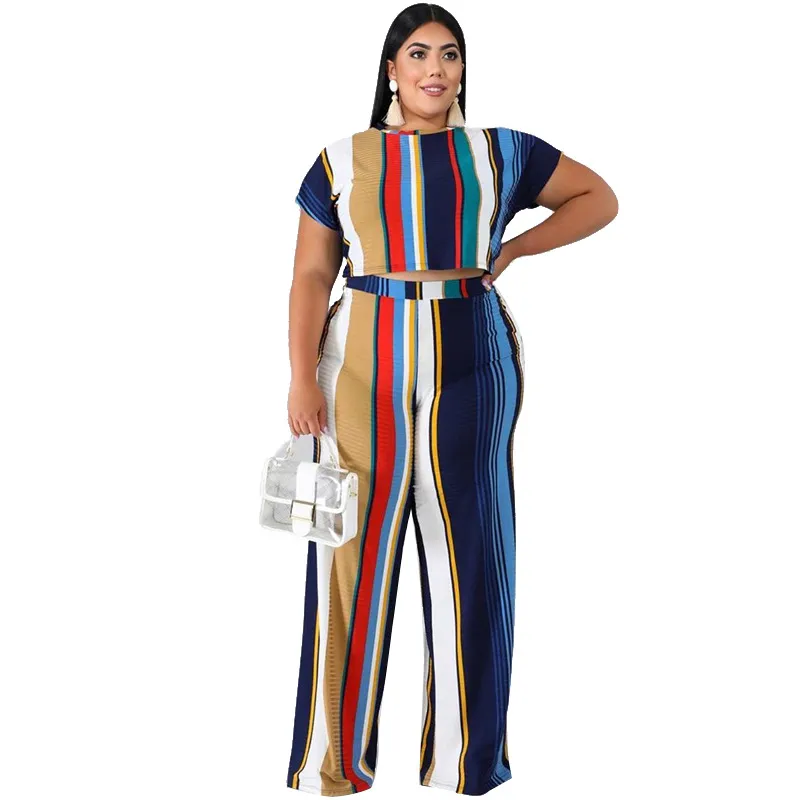 Plus Size 2-Piece Stripe Top & Wide Leg Pants Set