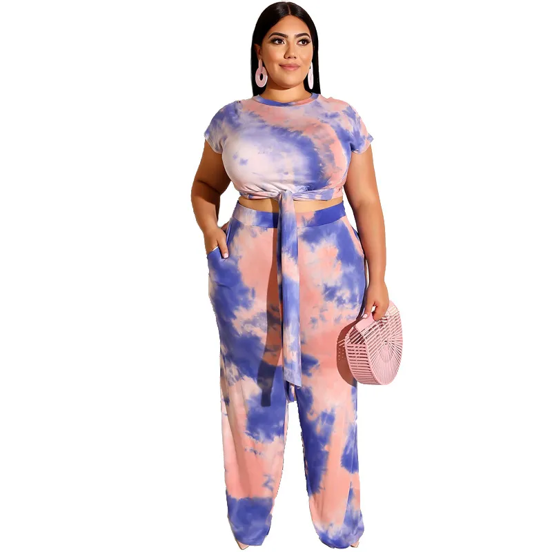 Plus Size Tie Dye Short Sleeve Top and Wide Leg Pants Set - Pocket Detailed - Polyester