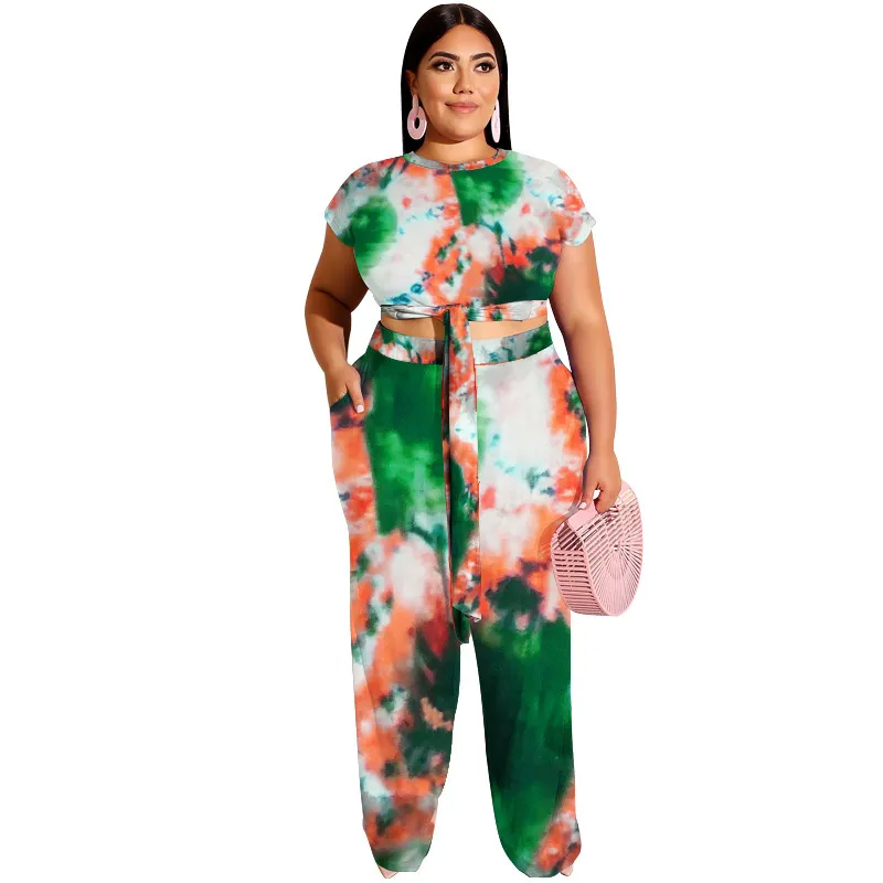 Plus Size Tie Dye Short Sleeve Top and Wide Leg Pants Set - Pocket Detailed - Polyester