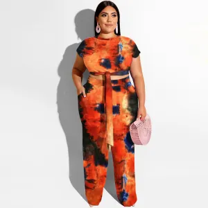 Plus Size Tie Dye Short Sleeve Top and Wide Leg Pants Set - Pocket Detailed - Polyester