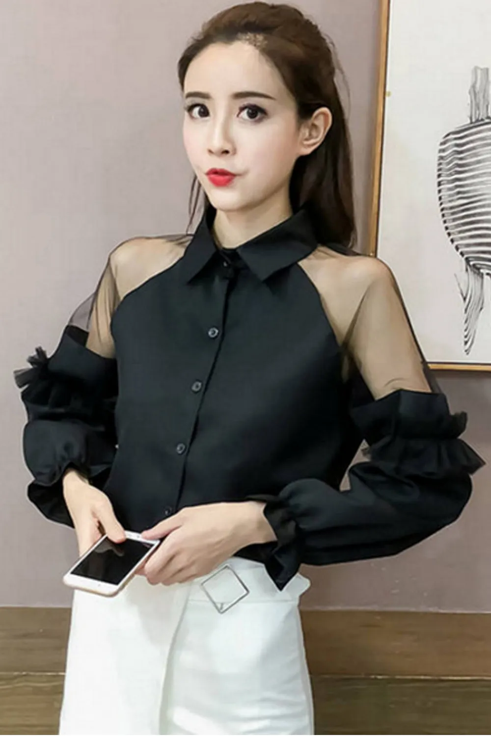 Puff Sleeve Transparent Loose Blouse Shirts