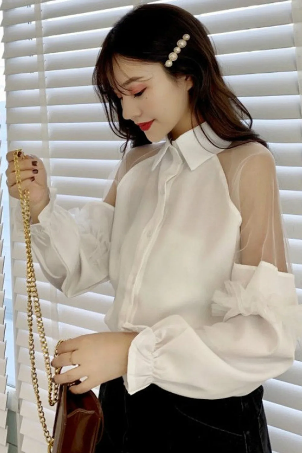 Puff Sleeve Transparent Loose Blouse Shirts