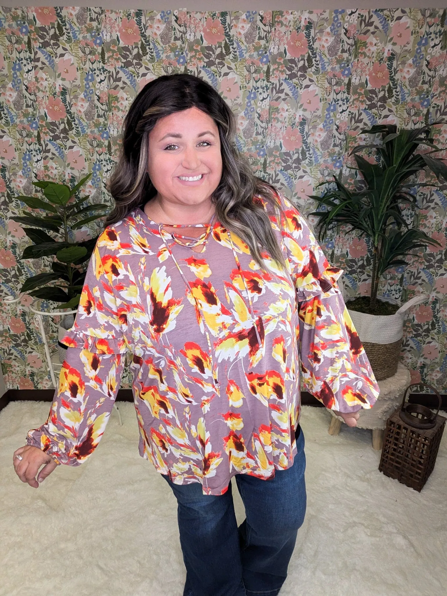 Quincy Mauve LaceUp Blouse w/Sunset Painted Florals