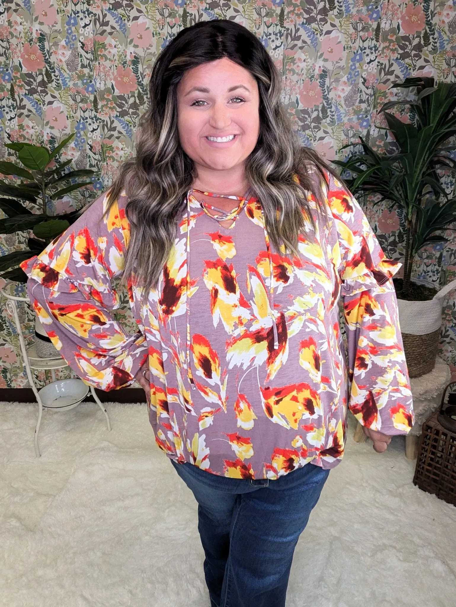 Quincy Mauve LaceUp Blouse w/Sunset Painted Florals