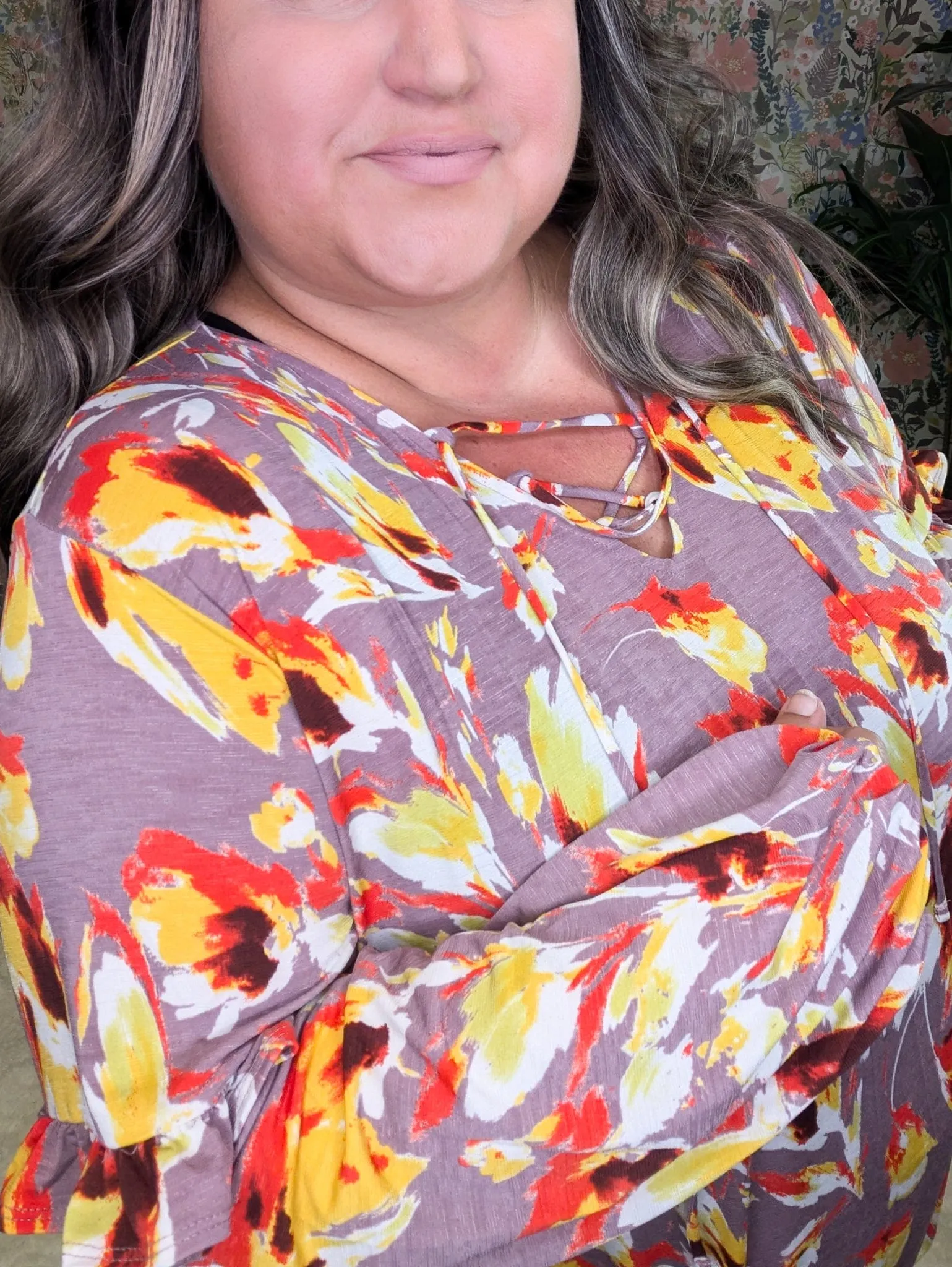 Quincy Mauve LaceUp Blouse w/Sunset Painted Florals