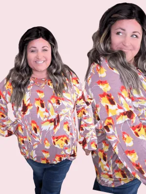 Quincy Mauve LaceUp Blouse w/Sunset Painted Florals