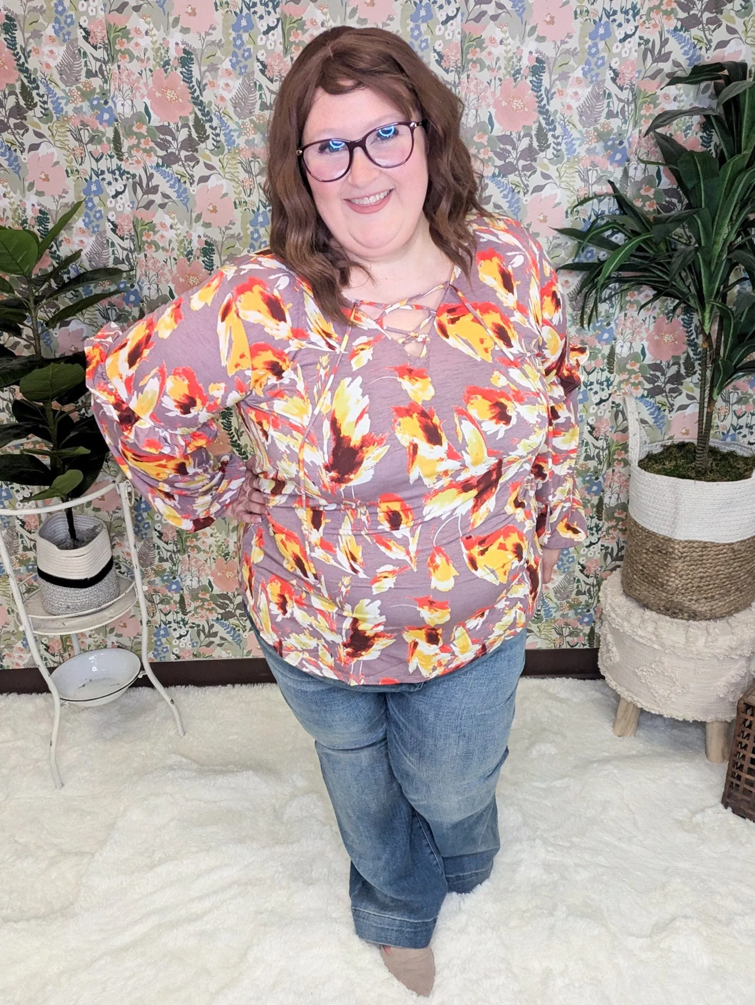 Quincy Mauve LaceUp Blouse w/Sunset Painted Florals