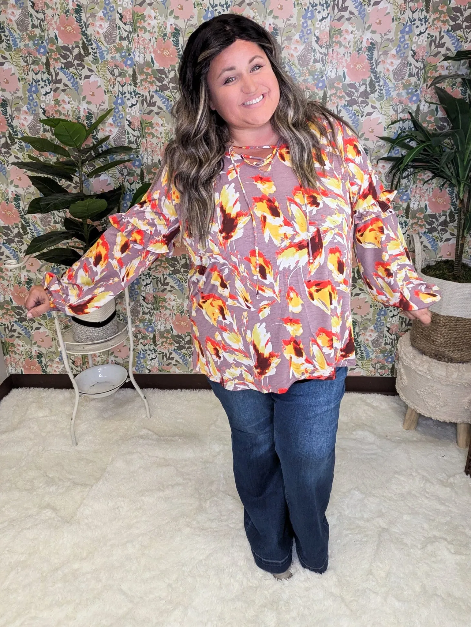Quincy Mauve LaceUp Blouse w/Sunset Painted Florals