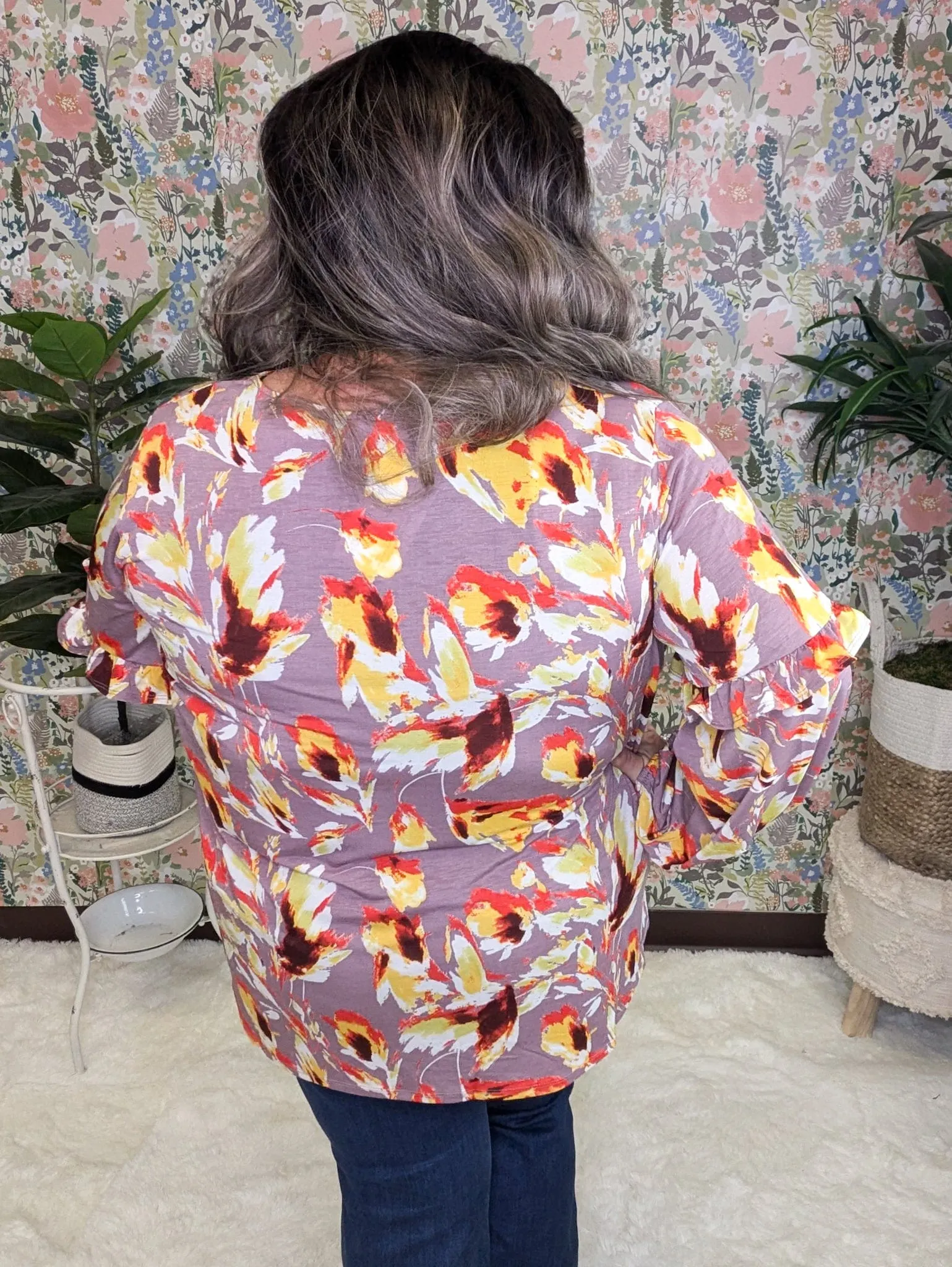 Quincy Mauve LaceUp Blouse w/Sunset Painted Florals