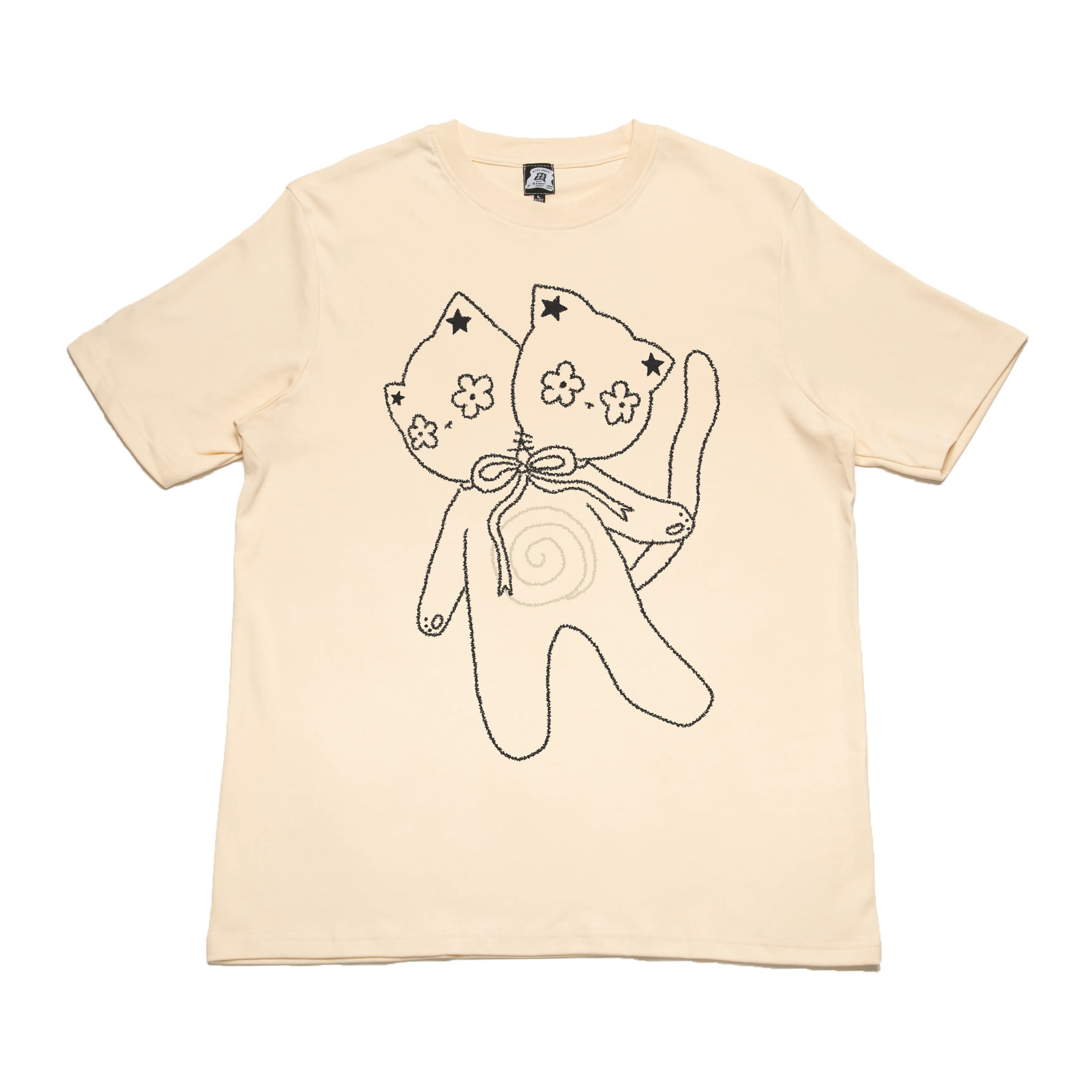 "Double Headed Kitten" Cut and Sew Wide-body Tee White/Black/Beige