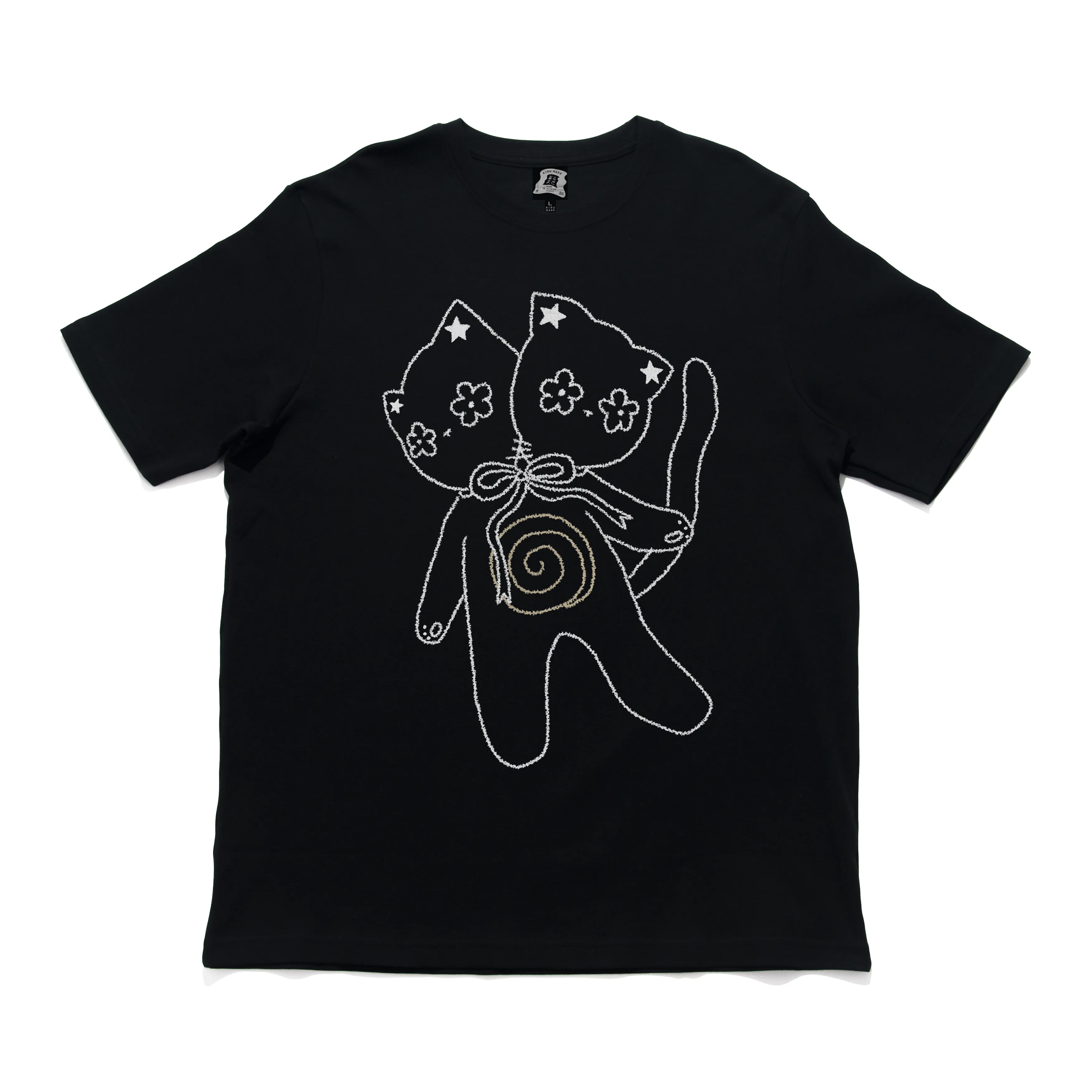 "Double Headed Kitten" Cut and Sew Wide-body Tee White/Black/Beige