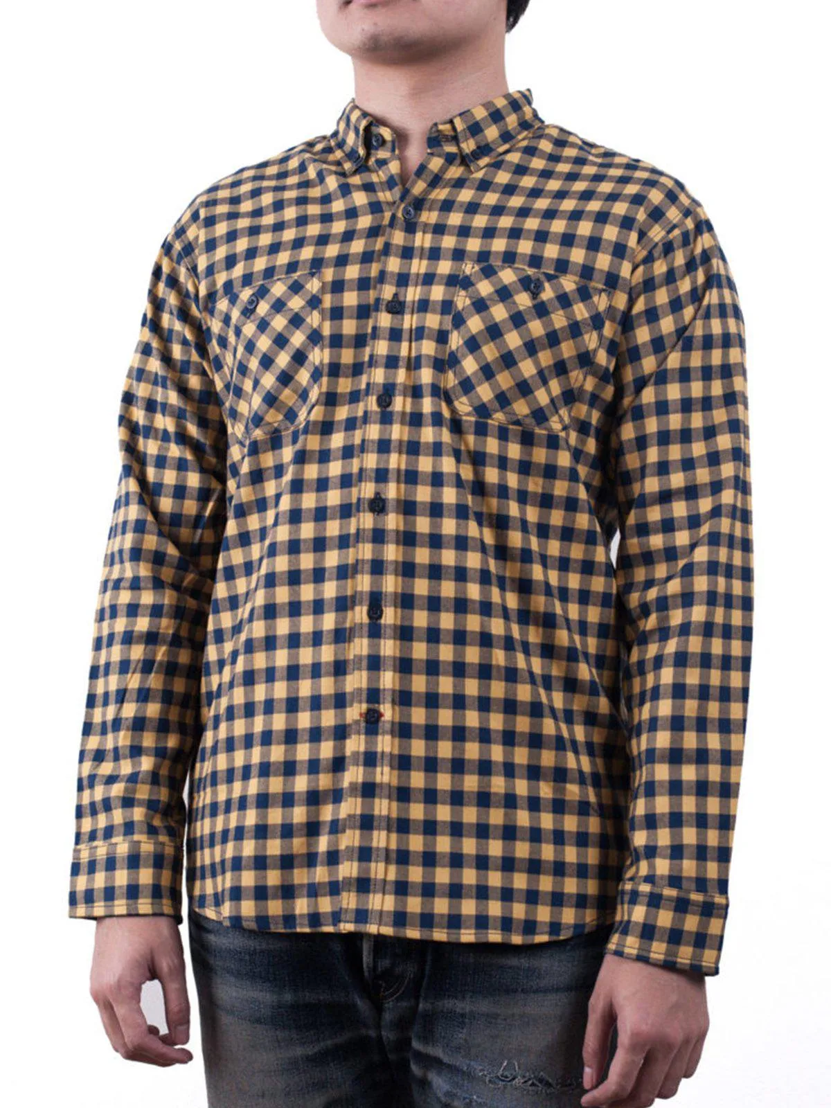 Qutn Button Down Double Pocket LS Yellow Blue Minicheck Flannel