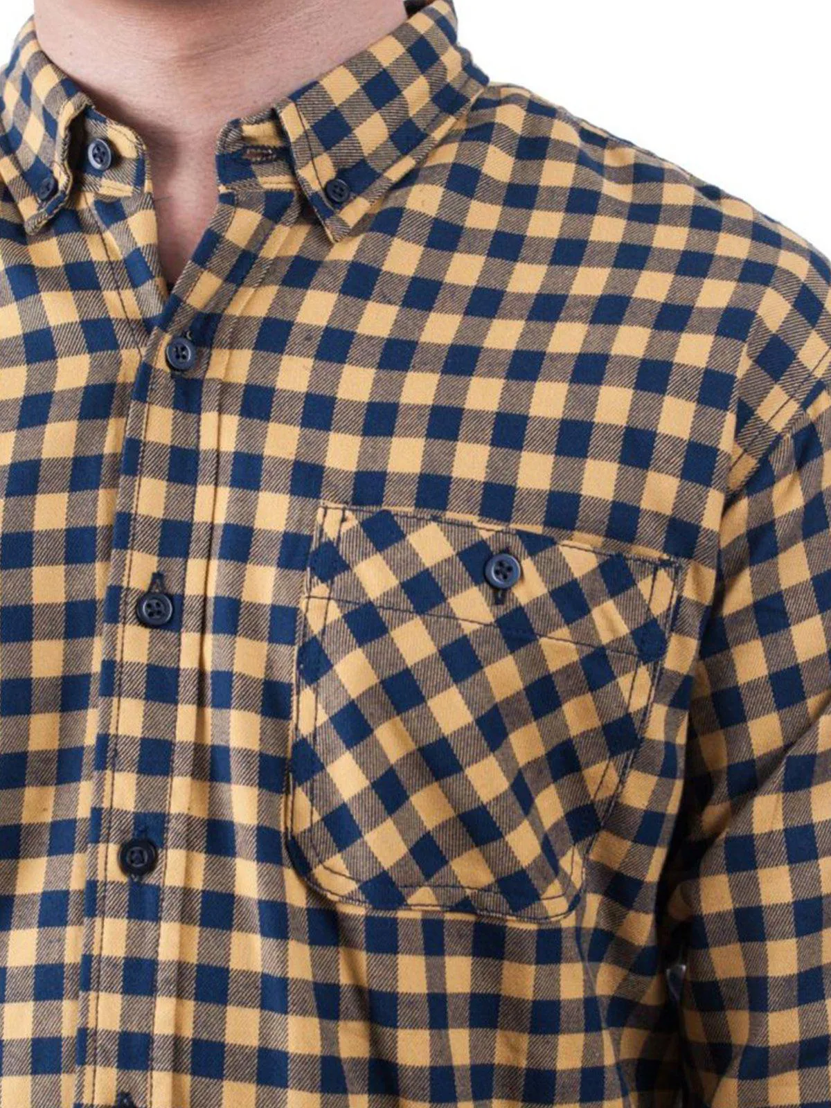 Qutn Button Down Double Pocket LS Yellow Blue Minicheck Flannel