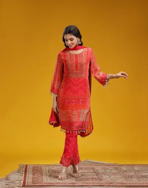 Rangeen Laal Printed Short Kurti With Pant Set
