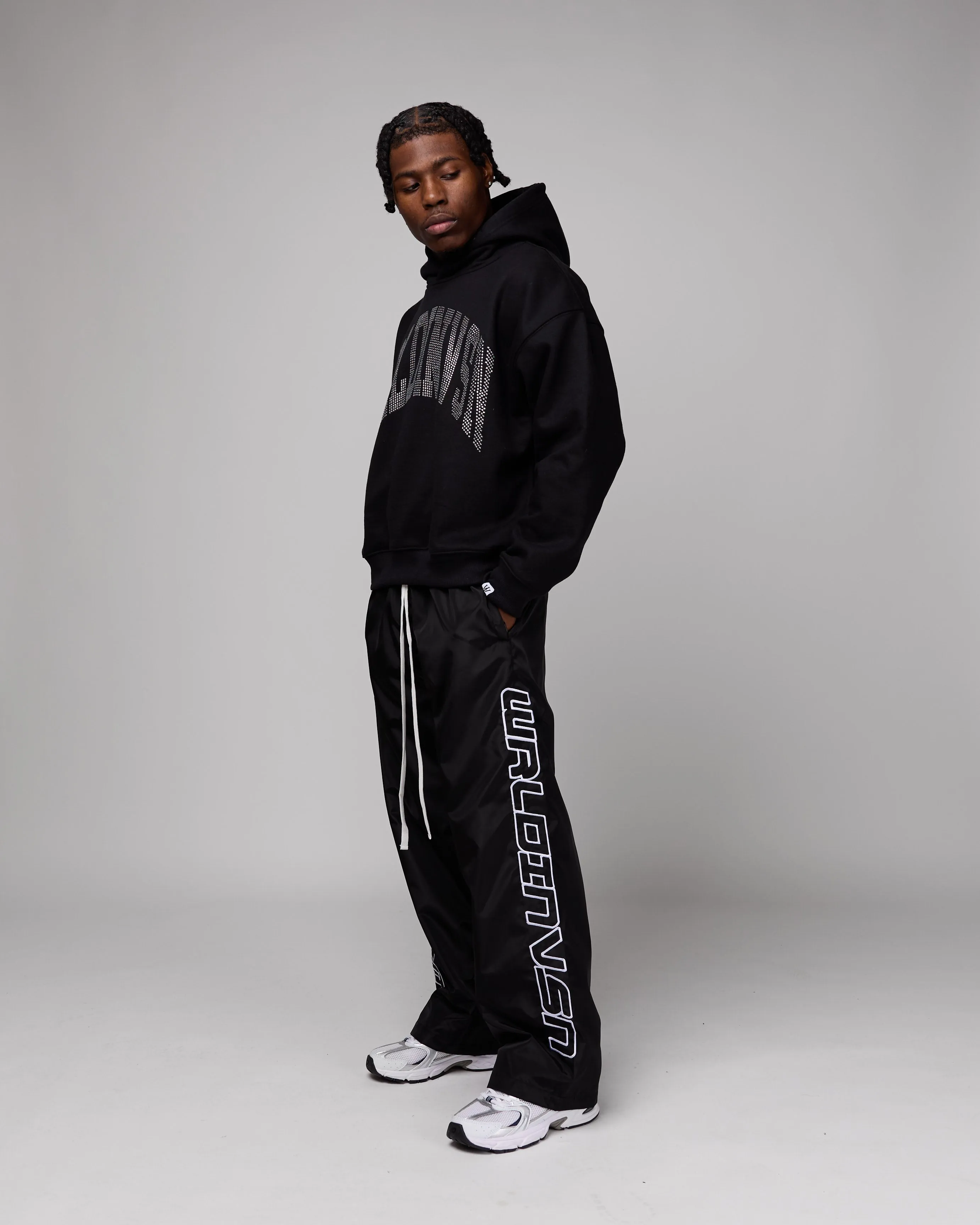 Retro Relaxed-Fit Nylon Pants (Black/White Stitching)