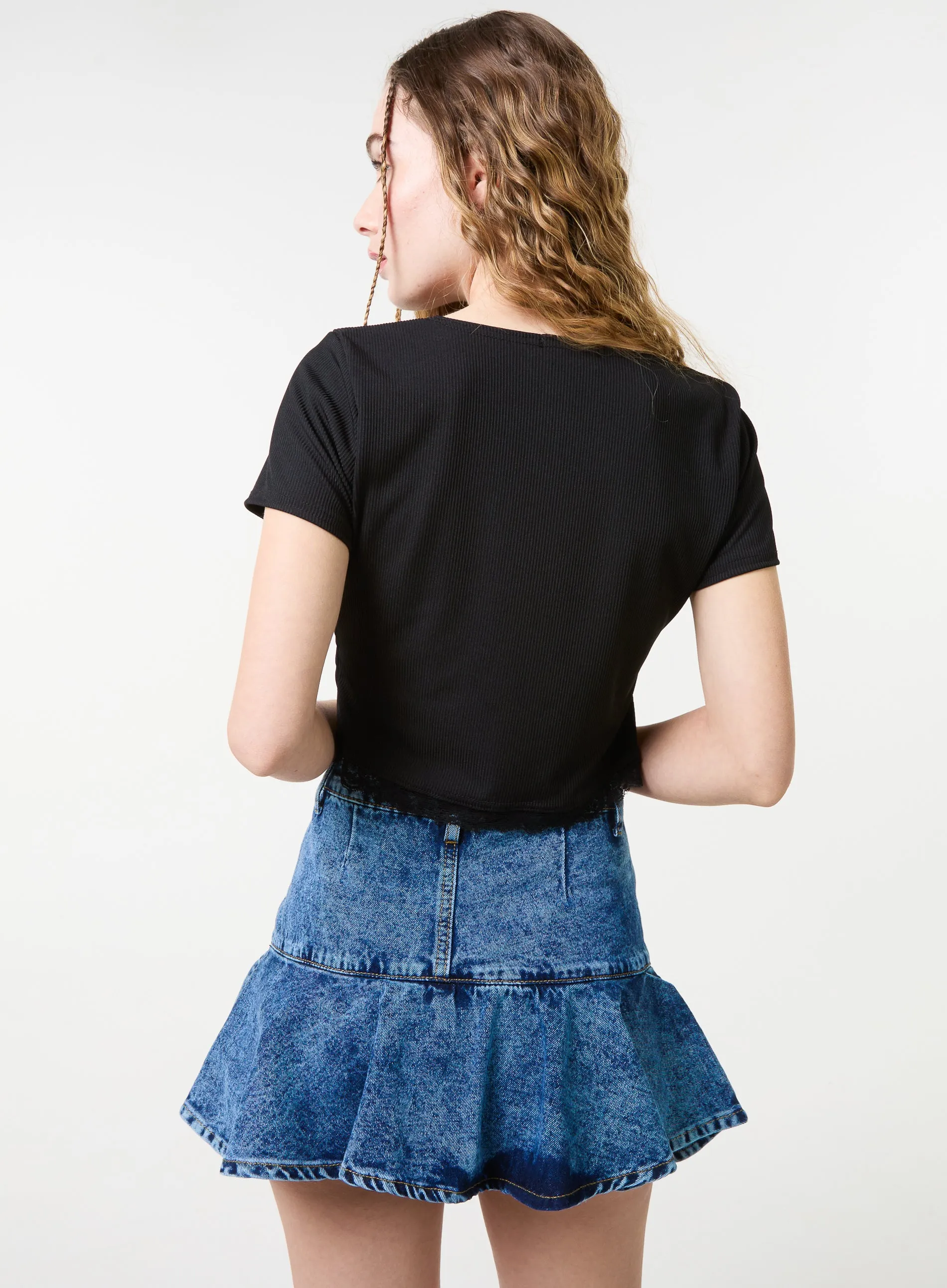 Ribbed Lace Tie Front Top