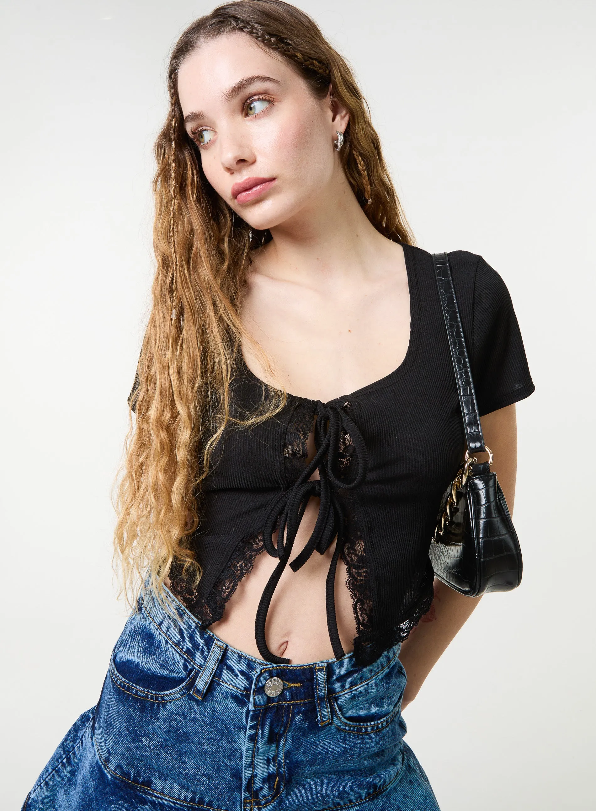 Ribbed Lace Tie Front Top