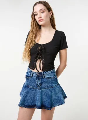 Ribbed Lace Tie Front Top