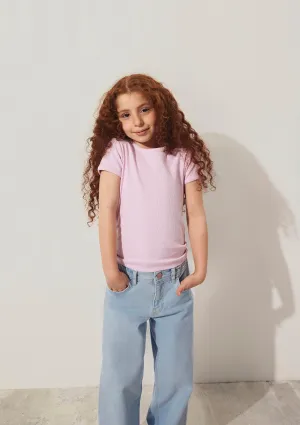 Ribbed Pink Basic T-Shirt