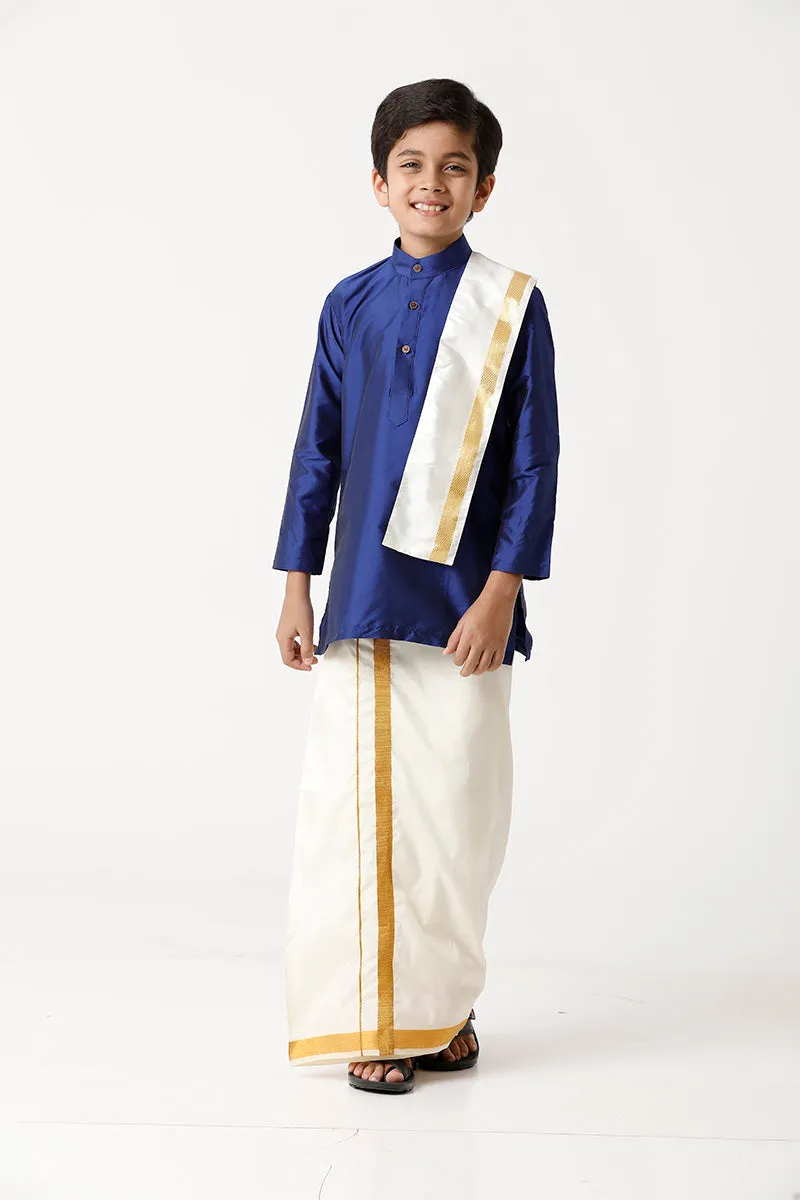 Rising Ideal - Blue Kurta and Matching Fixit Dhoti With Towel 3 in 1 Set For Kids | Uathayam