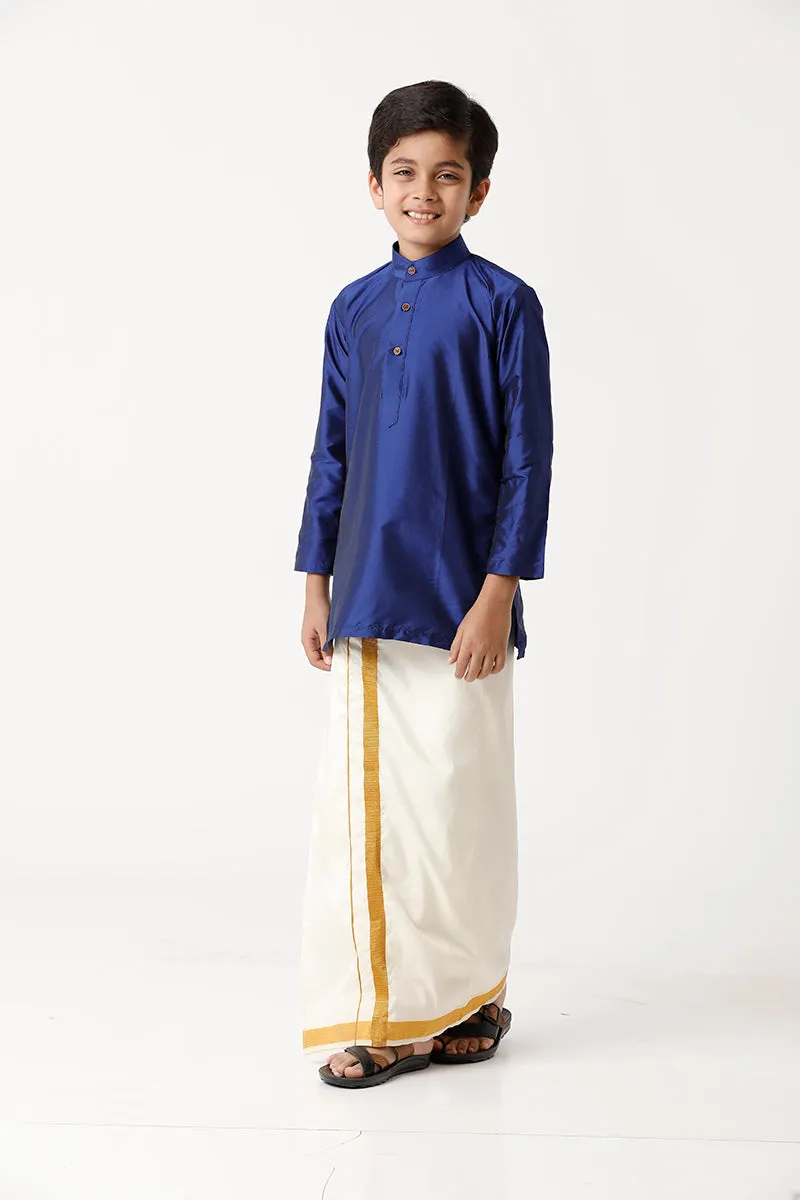 Rising Ideal - Blue Kurta and Matching Fixit Dhoti With Towel 3 in 1 Set For Kids | Uathayam