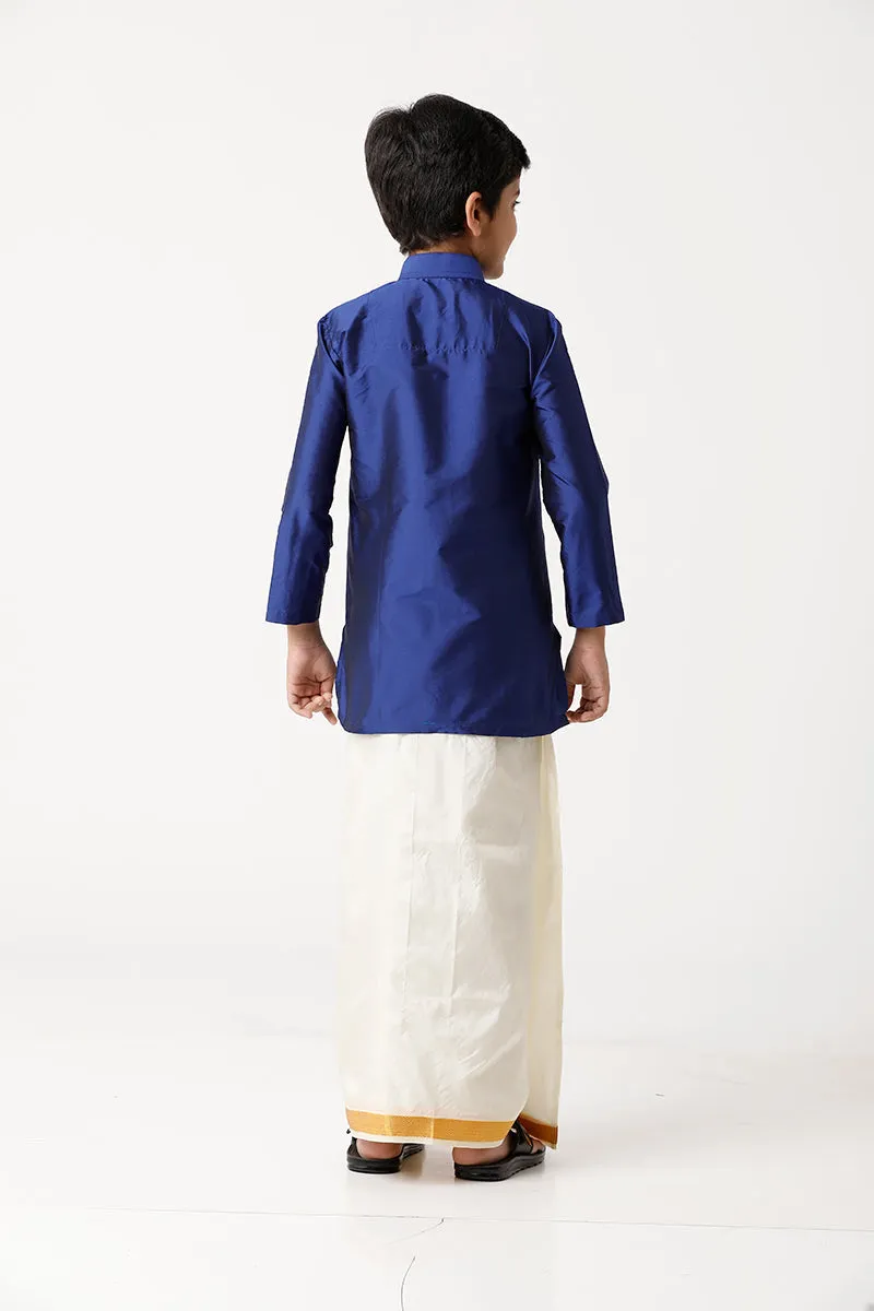 Rising Ideal - Blue Kurta and Matching Fixit Dhoti With Towel 3 in 1 Set For Kids | Uathayam