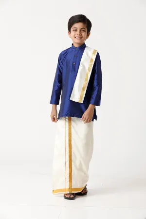 Rising Ideal - Blue Kurta and Matching Fixit Dhoti With Towel 3 in 1 Set For Kids | Uathayam