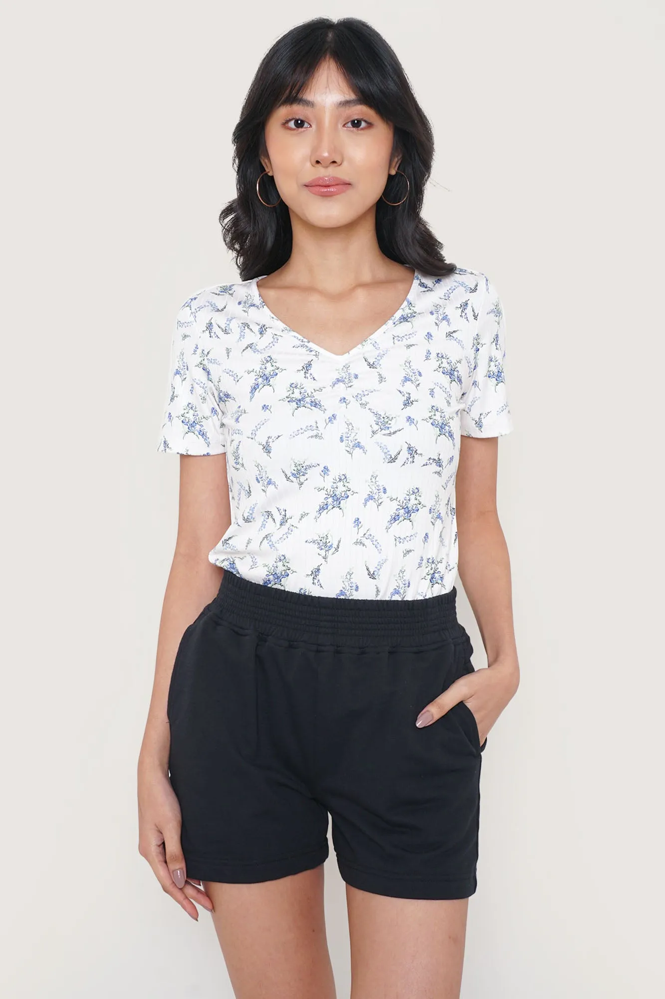 Ruched Floral V-Neck Tee