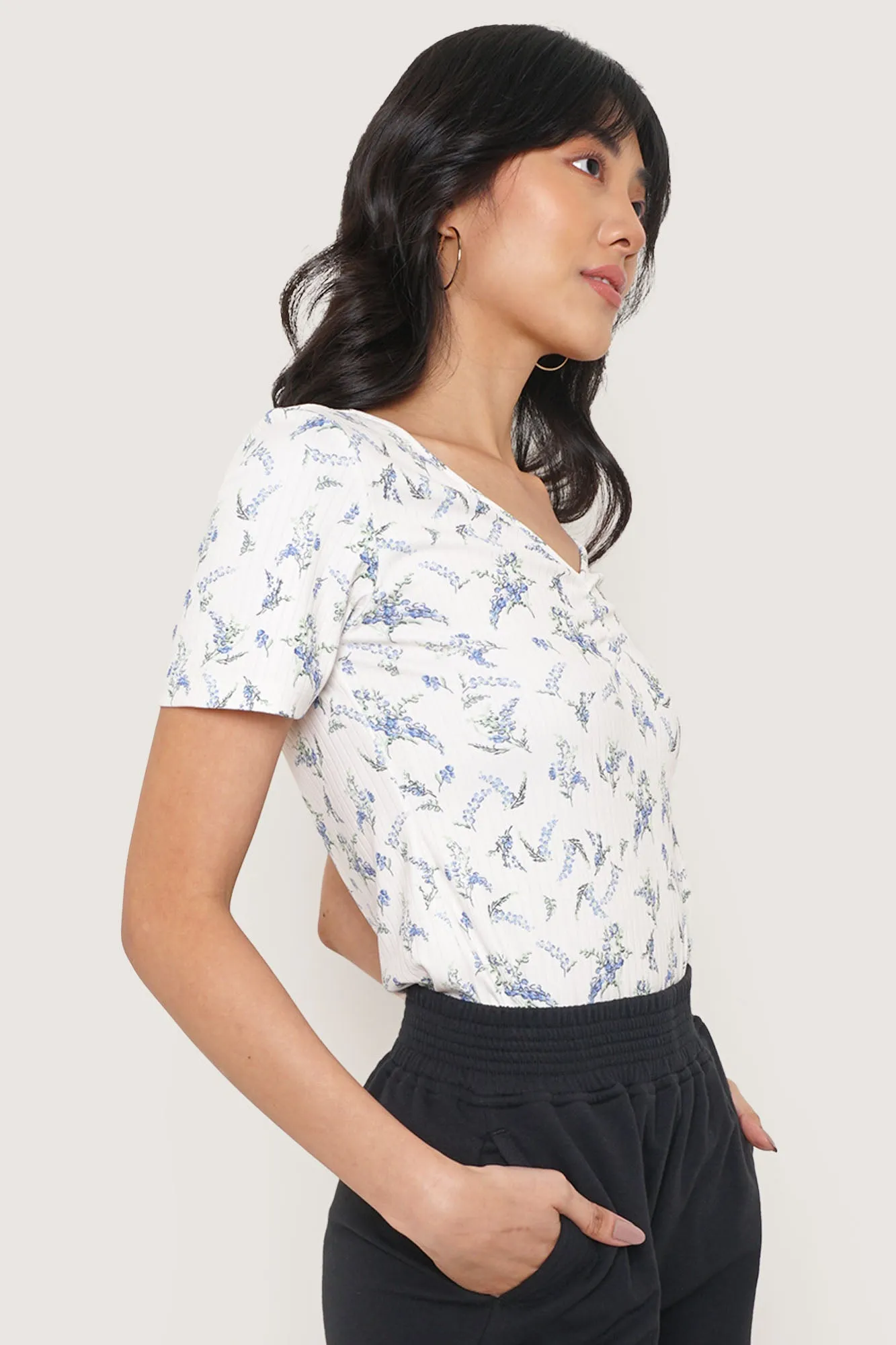 Ruched Floral V-Neck Tee