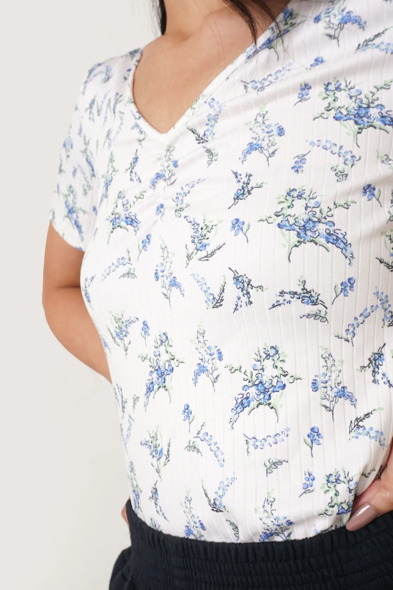Ruched Floral V-Neck Tee