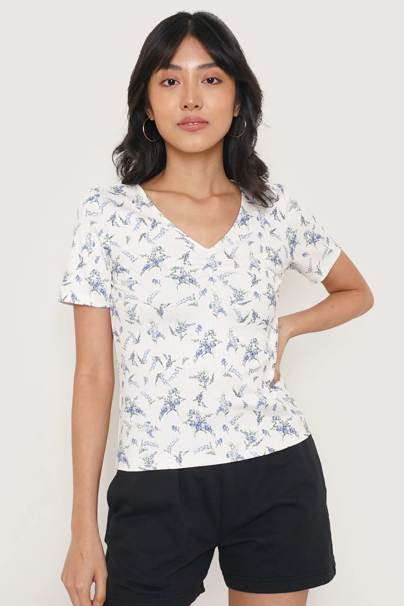 Ruched Floral V-Neck Tee