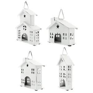 Rustic White Tin Ornaments (Set of 4 Houses, White)
