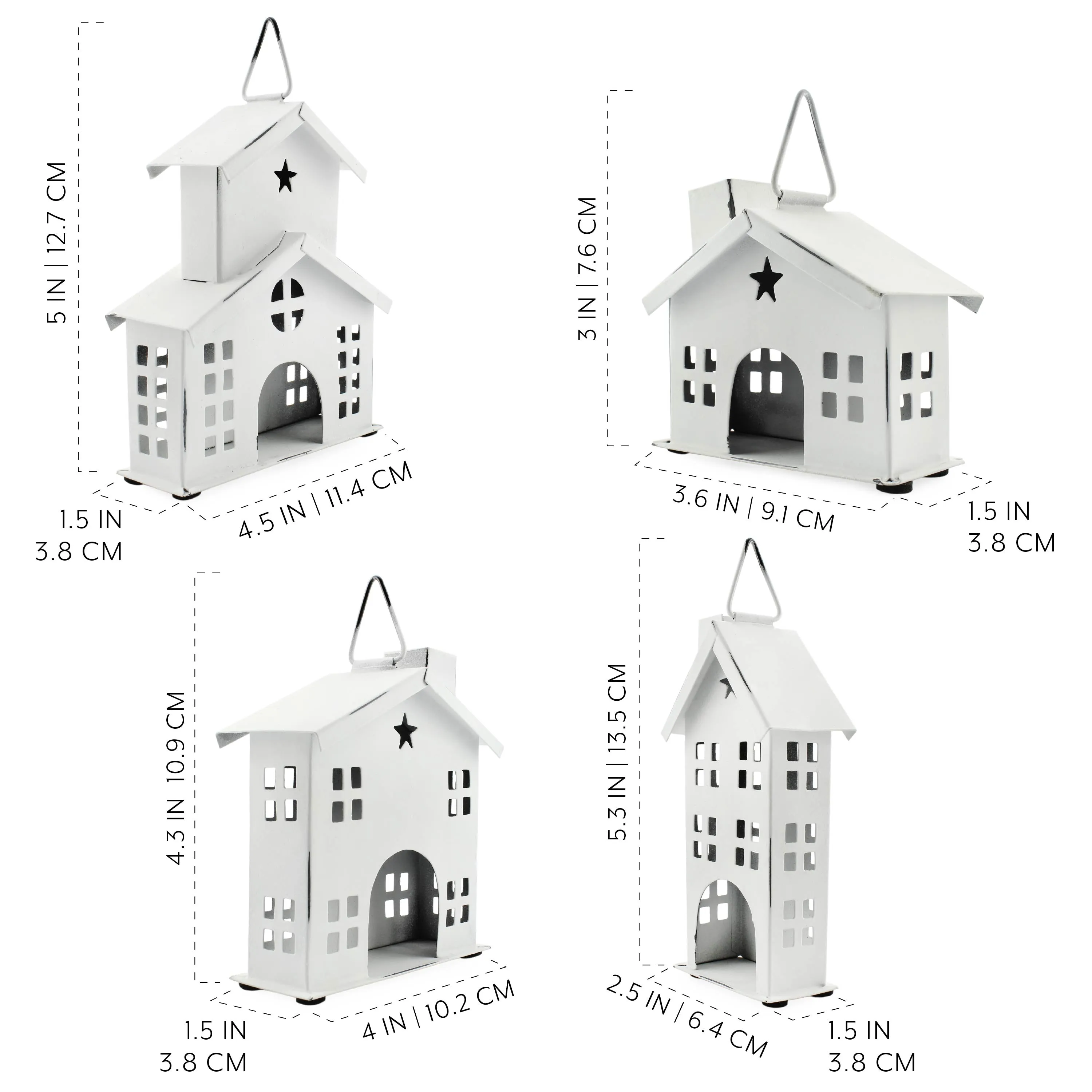 Rustic White Tin Ornaments (Set of 4 Houses, White)
