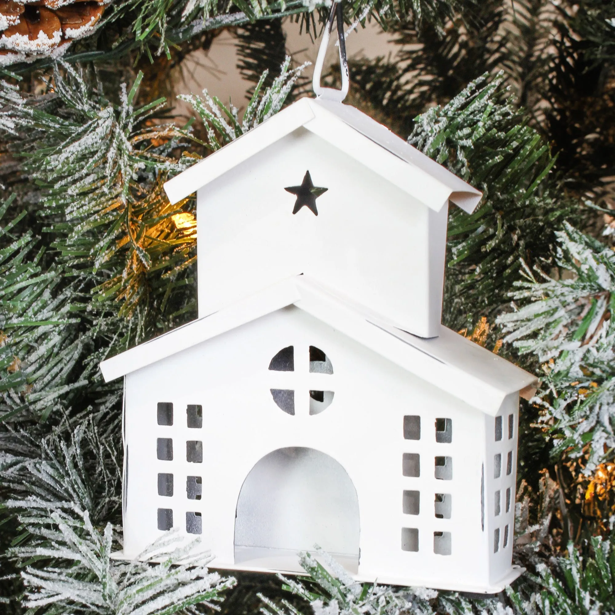 Rustic White Tin Ornaments (Set of 4 Houses, White)