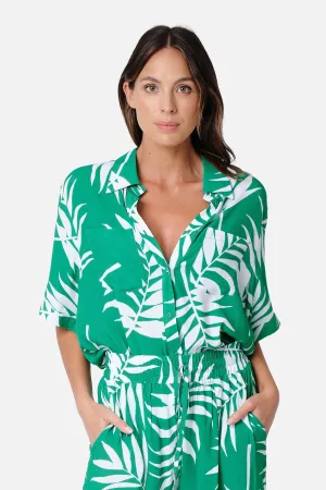 Short Sleeve Button-Up Shirt PALM SILHOUETTE GREEN