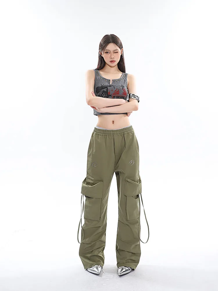 Sia Solid Color White Slim Short Sleeve Cropped Top   High Waist Baggy Multi-Pocket Cargo Pants Matching Set