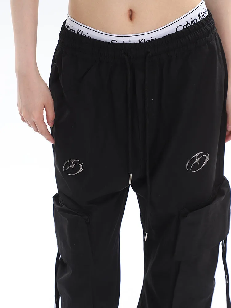 Sia Solid Color White Slim Short Sleeve Cropped Top   High Waist Baggy Multi-Pocket Cargo Pants Matching Set