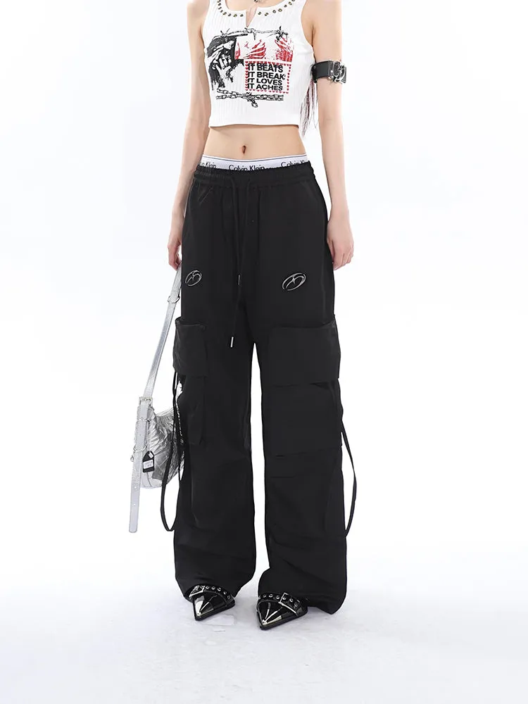 Sia Solid Color White Slim Short Sleeve Cropped Top   High Waist Baggy Multi-Pocket Cargo Pants Matching Set