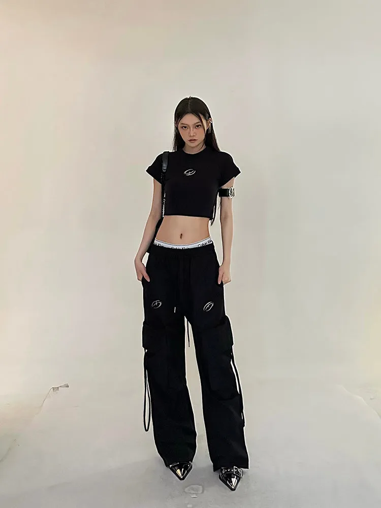 Sia Solid Color White Slim Short Sleeve Cropped Top   High Waist Baggy Multi-Pocket Cargo Pants Matching Set
