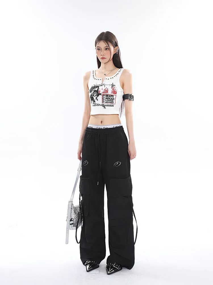 Sia Solid Color White Slim Short Sleeve Cropped Top   High Waist Baggy Multi-Pocket Cargo Pants Matching Set
